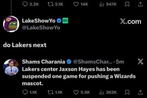 Shams连续爆料 自媒体“哀求”来点湖人的料 Shams：海斯禁赛一场