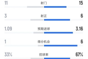 狼队1-3切尔西全场数据：射门11-15，射正3-6，控球率33%-67%