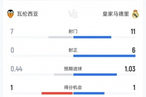 皇马2-0瓦伦西亚数据：射门11-7，射正6-0，得分机会1-1，角球8-5
